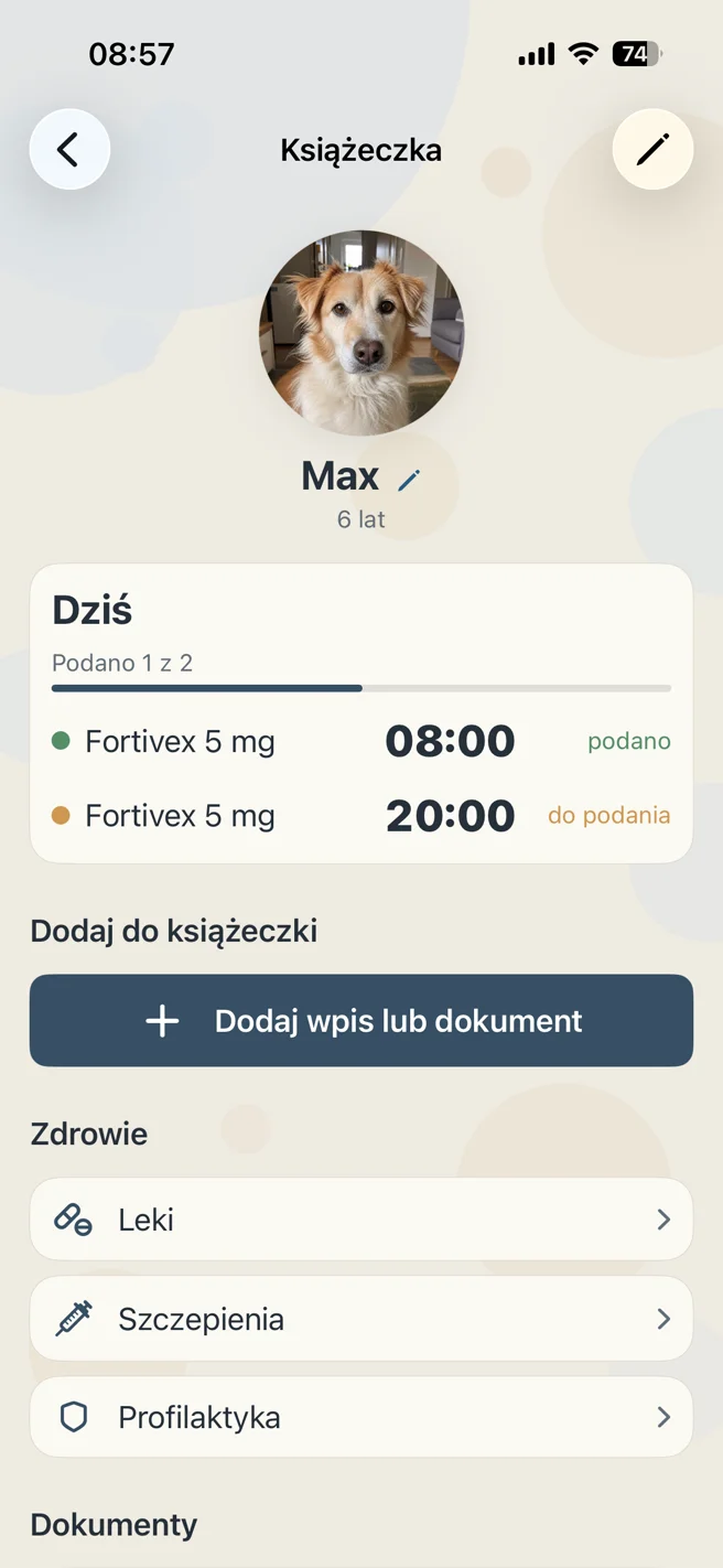 Ekran książeczki w Dossipet: profil psa, dzisiejsze dawki leku i sekcje zdrowia