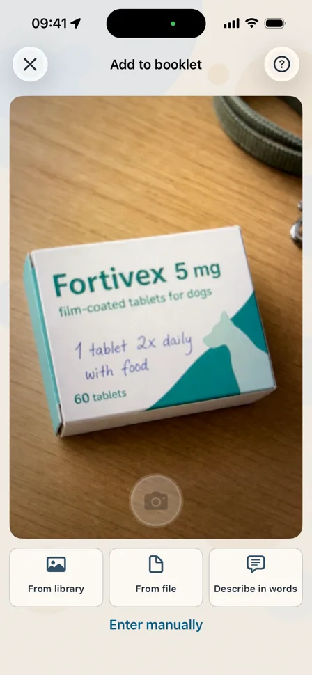 Add-entry screen with a photo of a Fortivex medication box