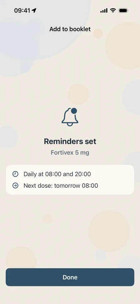 Confirmation screen: reminders set daily at 08:00 and 20:00