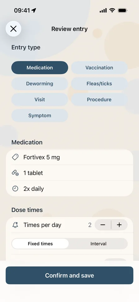 Review screen with the medication name, dose, and dose times