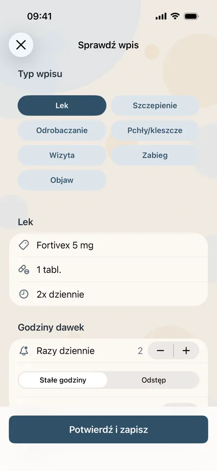 Ekran sprawdzania odczytanego wpisu: lek, dawka i godziny dawek